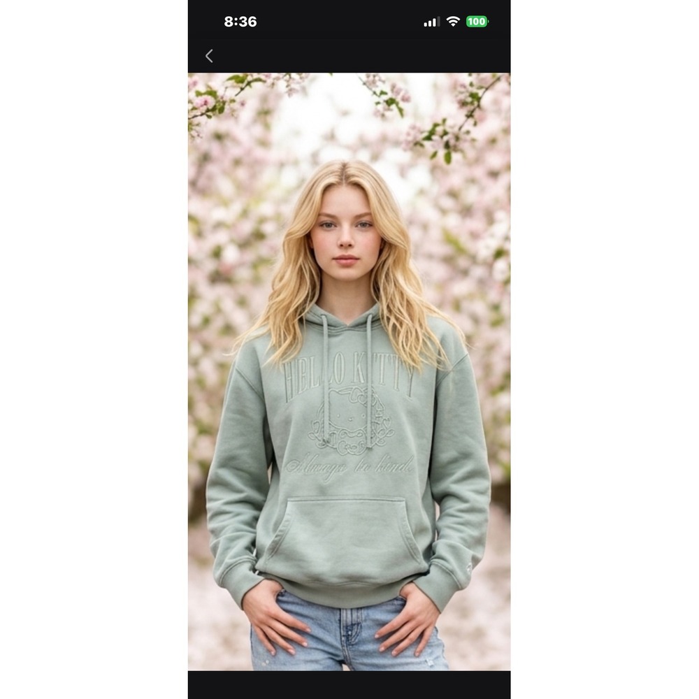 Sanrio Hello Kitty Always Be Kind Embroidered Hoodie Sage Green Women Small